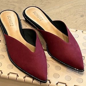 Flat mules in burgundy suede with crystal trim and leather sole